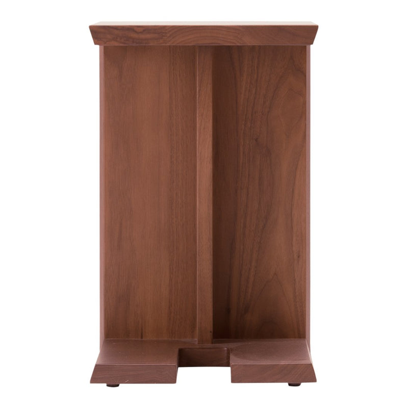 Solid walnut wood cabinet in a rich brown tone, featuring a sleek, minimalist design with smooth surfaces.