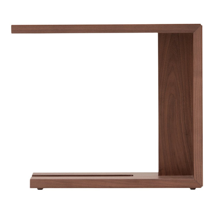 Modern walnut side table with smooth, rich brown finish and simple geometric design. Perfect for contemporary decor.