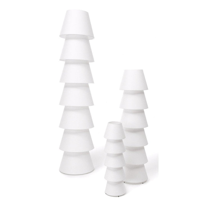 Stylish white lamp set featuring stacked cone shapes for a modern, minimalistic look. Perfect for any decor.