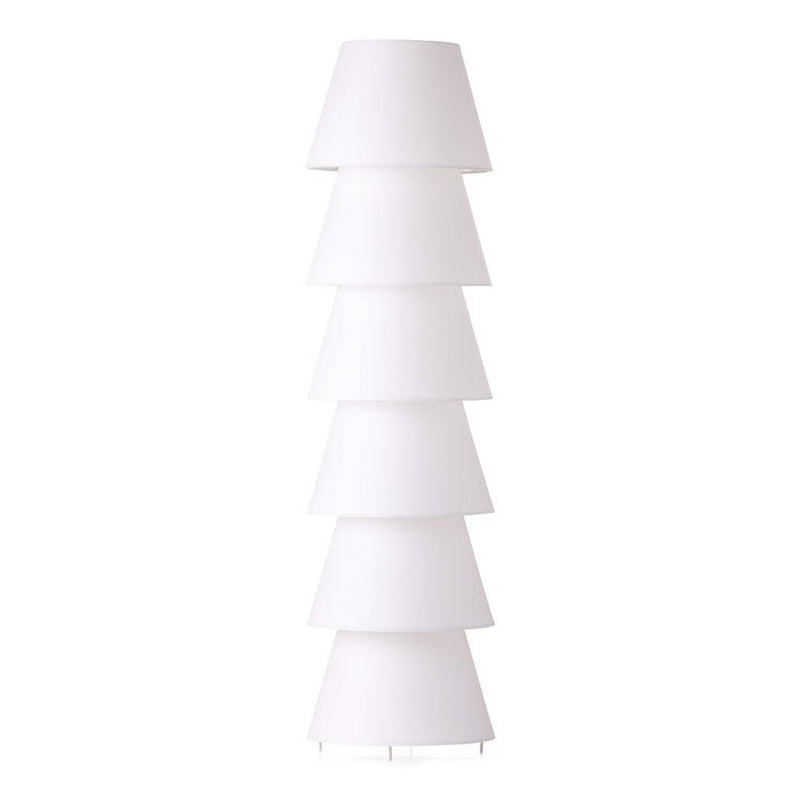 Tall, modern lamp featuring a sleek design with stacked white shades, creating a minimalist aesthetic.