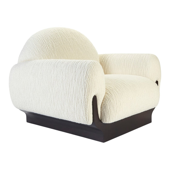 Textured cream upholstery with a sleek dark wood base, creating a modern and cozy aesthetic.
