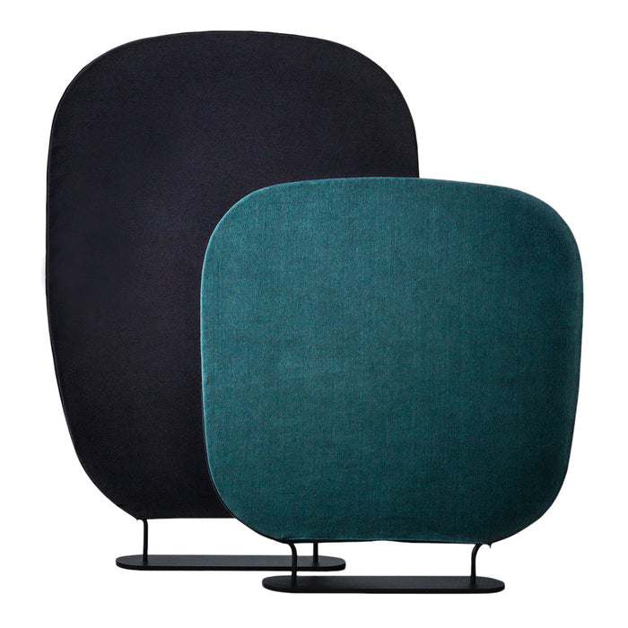 Two modern decorative panels in deep black and vibrant teal, featuring smooth, sleek surfaces with rounded shapes.