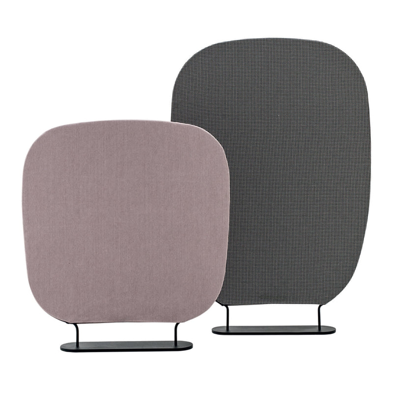 "Two stylish table screens in soft pink and deep gray fabric, featuring smooth, rounded edges and minimalist black bases."