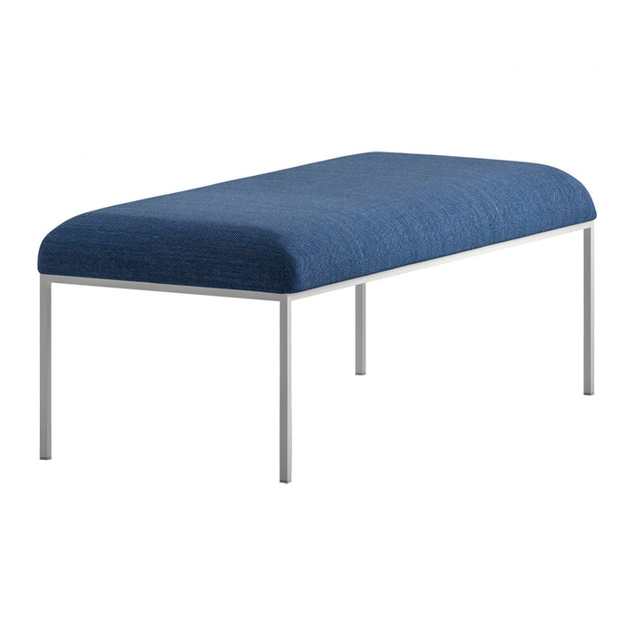 Blue upholstered bench with smooth edges and silver metal legs, showcasing a minimalist design.