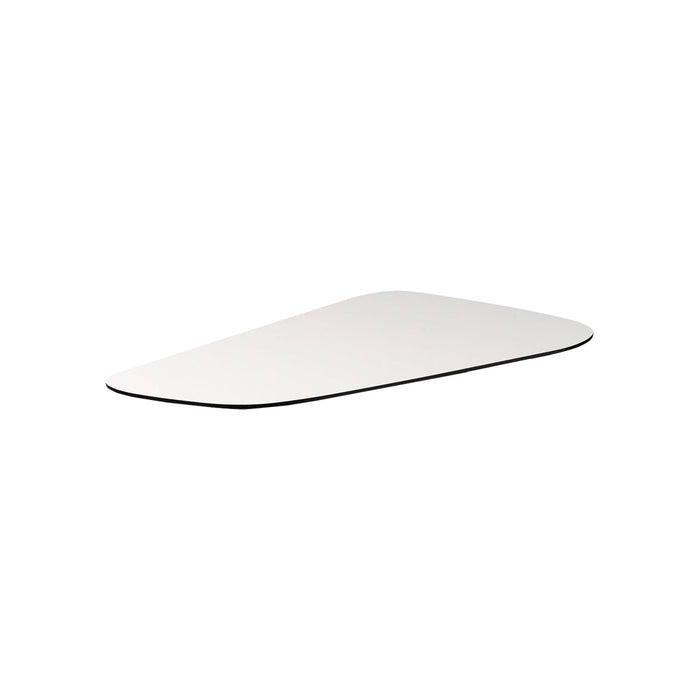 Sleek white desk surface with a minimal black edge, featuring a smooth, modern design. Ideal for contemporary spaces.