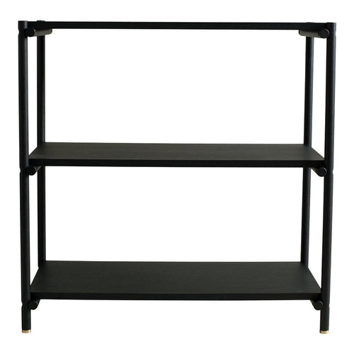 Black metal shelving unit with two shelves, featuring a sleek modern design and gold accents on the legs.