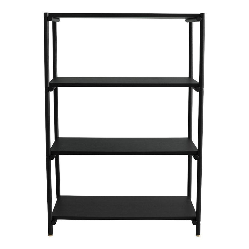 Sleek black metal shelving unit with four open shelves for modern storage solutions. Perfect for any room decor.