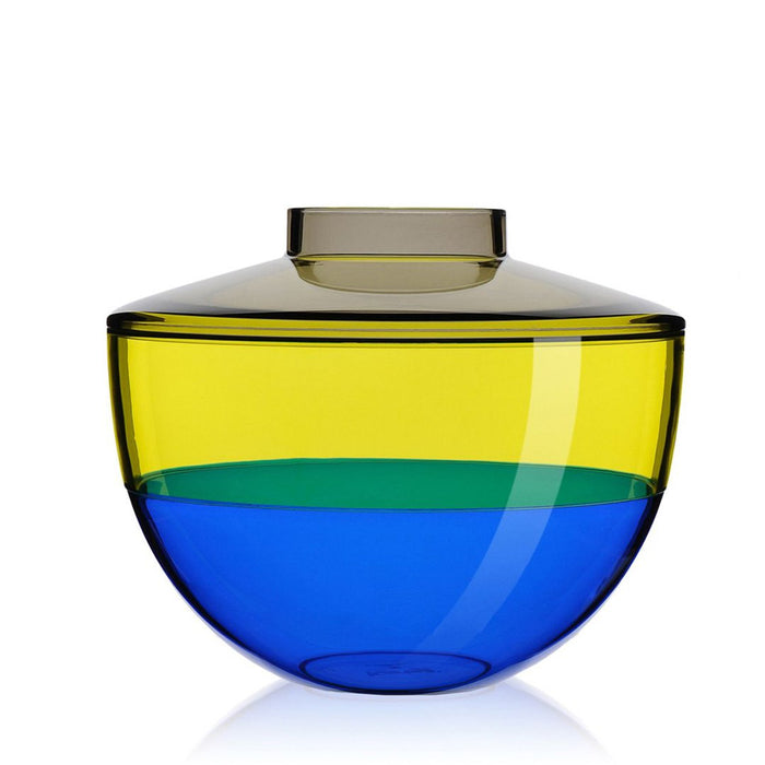 Colorful glass vase featuring yellow, green, and blue stripes with a sleek, modern design. Ideal for decorative accents.