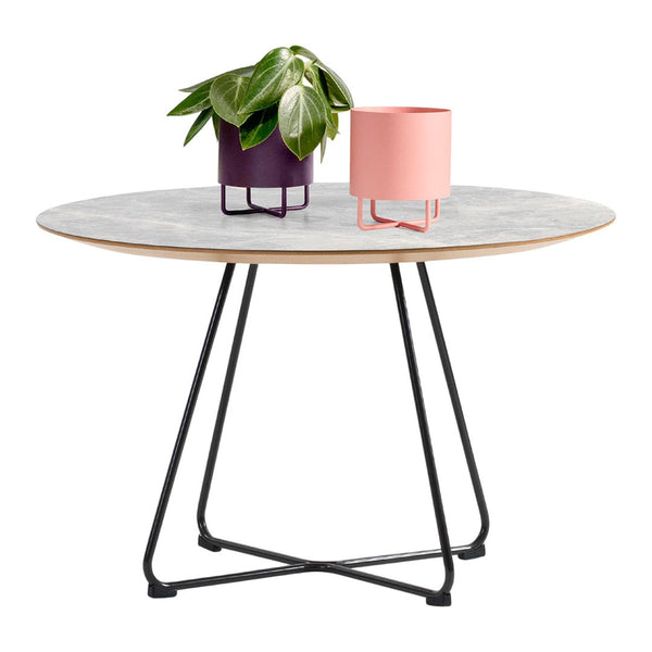 Round table with a gray top, wooden edge, and black legs, featuring vibrant pink and purple plant pots.