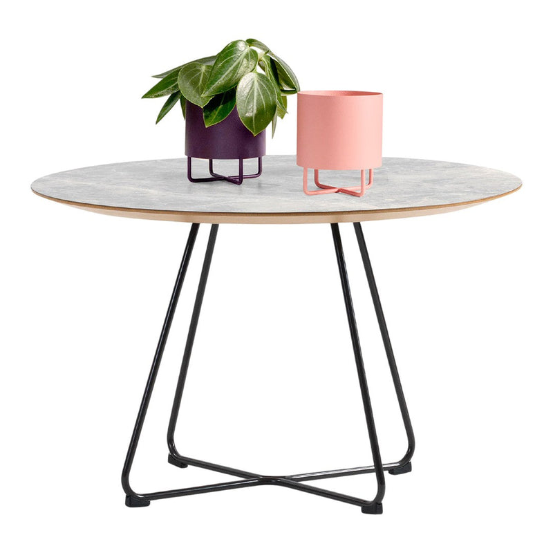 Round table with a gray top, wooden edge, and black legs, featuring vibrant pink and purple plant pots.