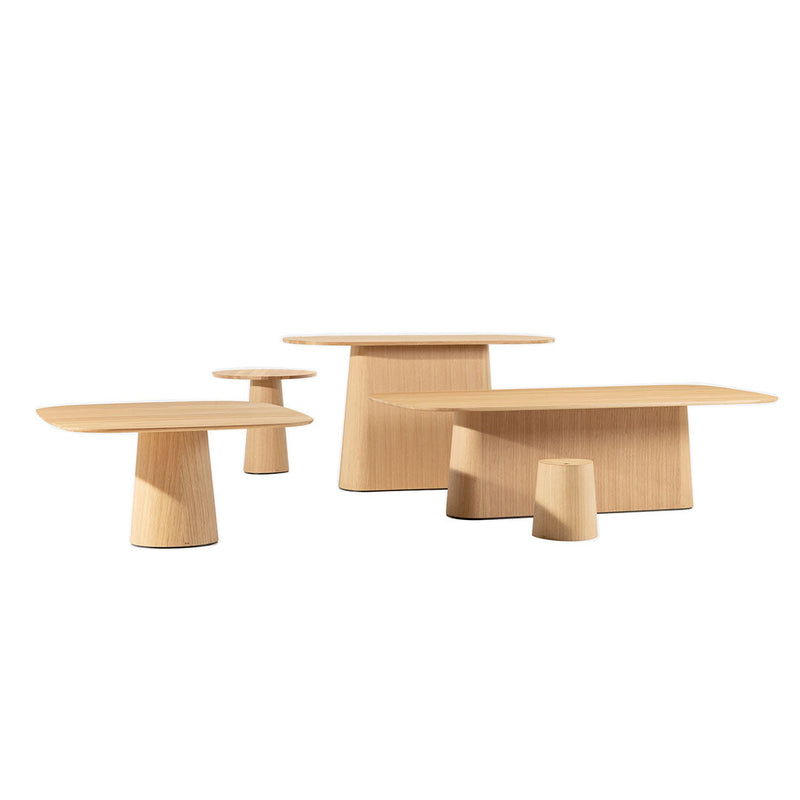 Natural wood coffee tables featuring smooth, light oak finishes with minimalist designs and subtle grain patterns.