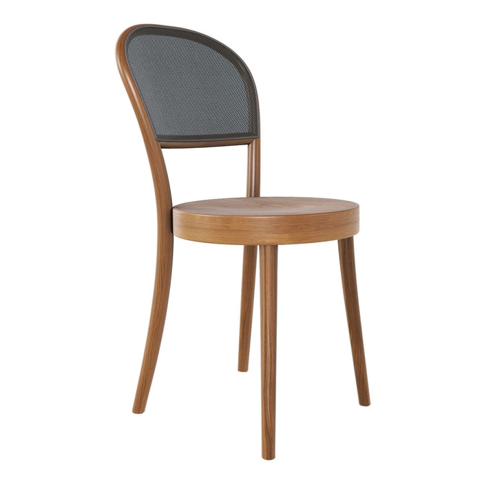 Natural wood chair with a sleek dark gray woven back and round seat, featuring minimalistic design and warm tones.
