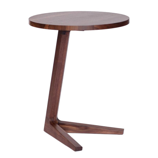 Round walnut side table with a sleek, modern design and rich wood grain, perfect for contemporary decor.