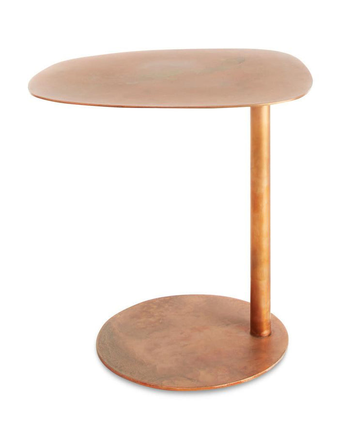 Modern copper side table with a unique organic shape and smooth, metallic finish. Perfect for contemporary decor.