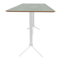 Gray tabletop with a wood grain edge and sleek white tripod legs, perfect for modern decor.