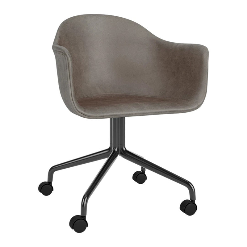 Gray upholstered chair with a smooth, modern design and black wheeled base. Ideal for office or home decor.