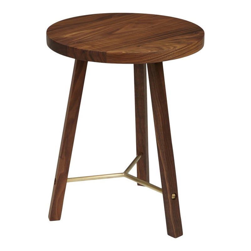Round wood accent table with rich brown finish and natural wood grain, featuring sleek gold metal support.