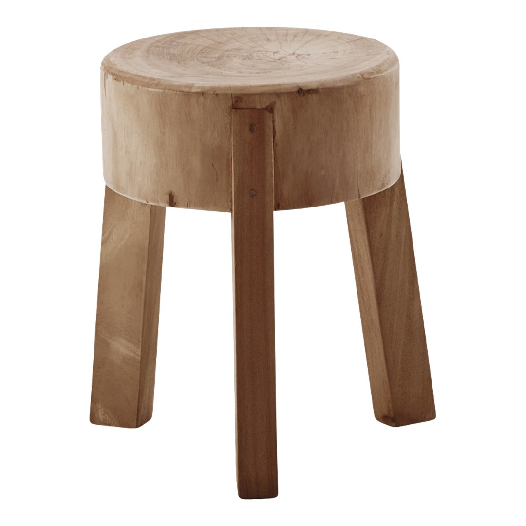 Natural beige stool with a smooth top and light wooden legs, showcasing a minimalistic design. Ideal for any decor.