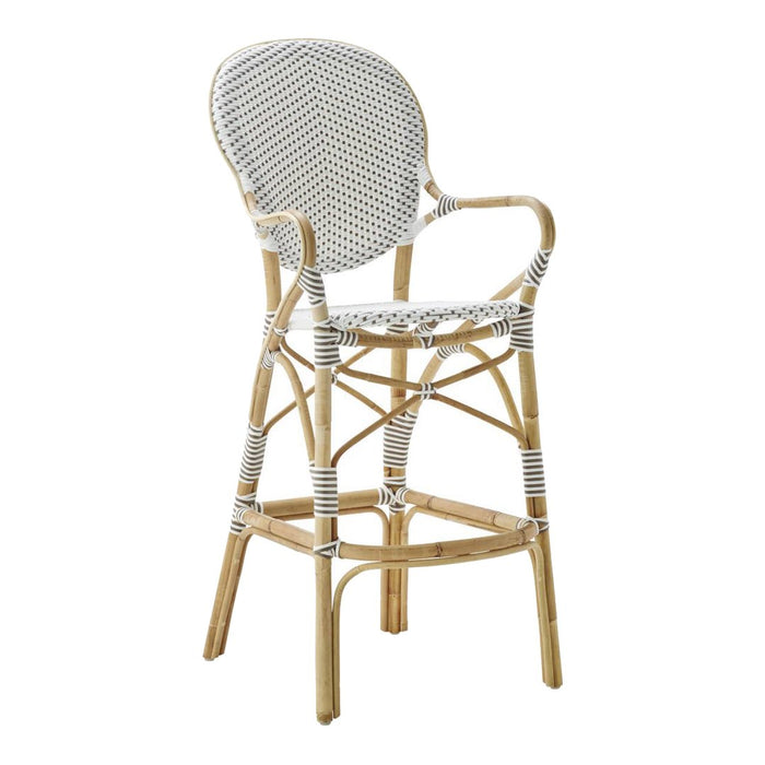 White and black striped pattern with natural wood accents on a stylish high chair. Perfect for modern decor.