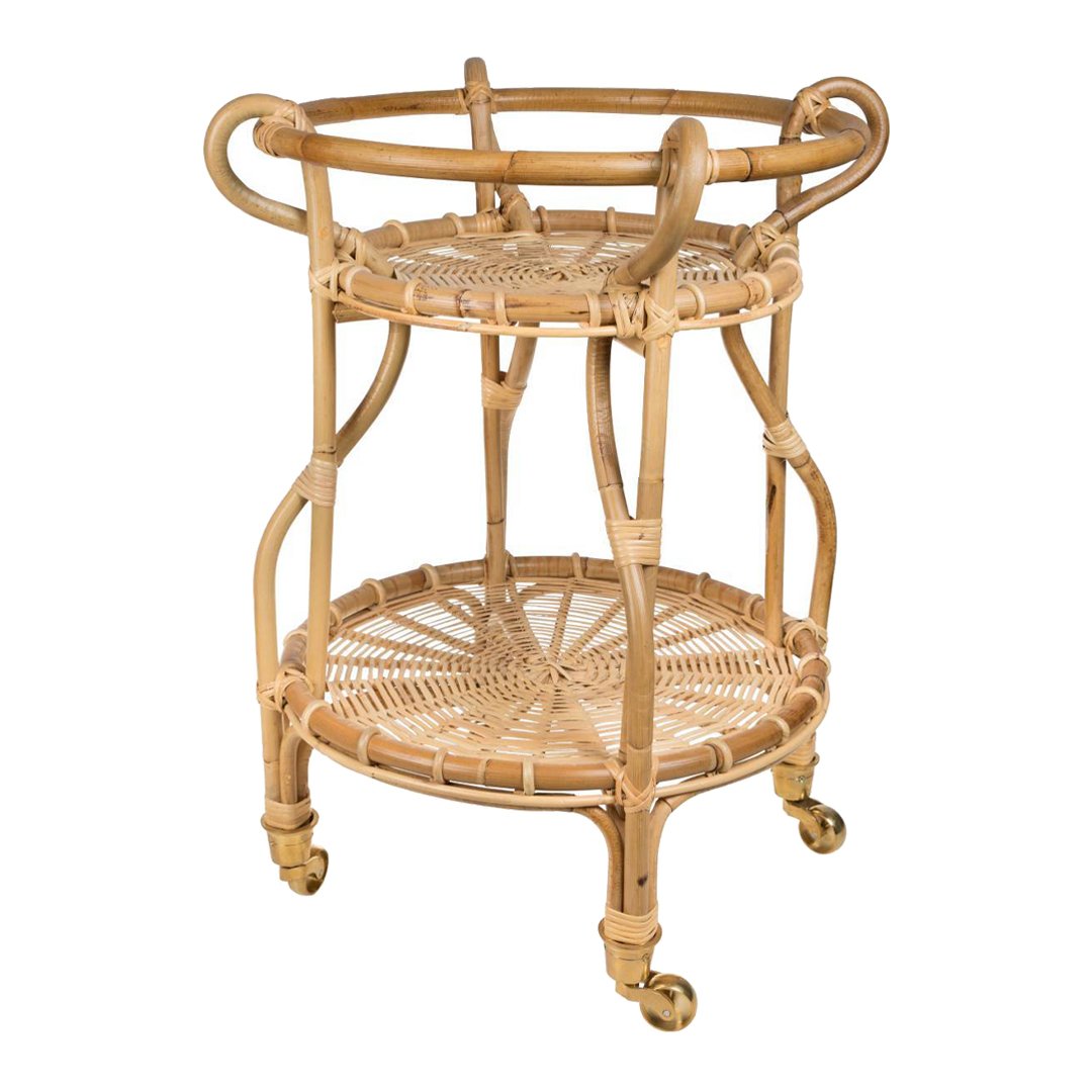 Natural rattan bar cart featuring intricate woven patterns and a warm beige color, ideal for stylish home decor.