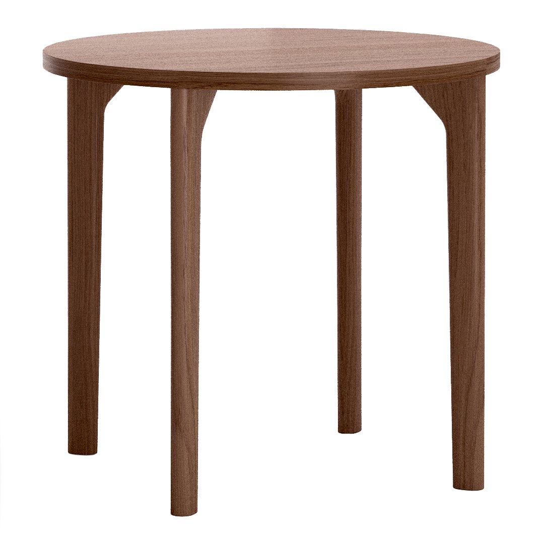 Round wooden side table in a rich walnut finish with sleek, minimalist design and smooth surface.