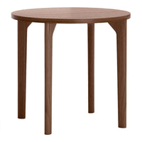 Round wooden side table in a rich walnut finish with sleek, minimalist design and smooth surface.