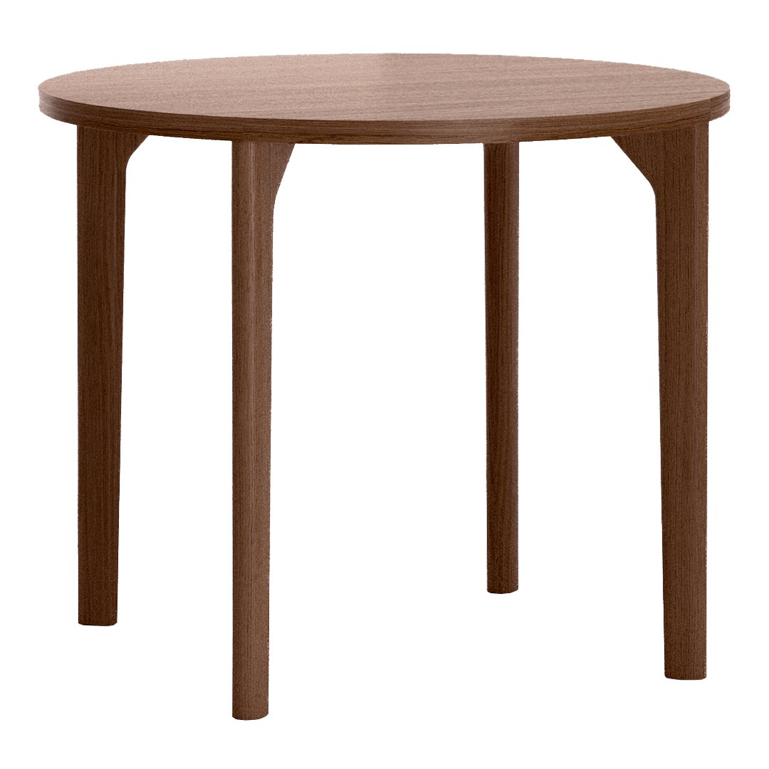 Round wooden table in a rich brown finish with a smooth surface and simple, elegant design.