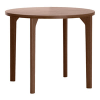 Round wooden table in a rich brown finish with a smooth surface and simple, elegant design.