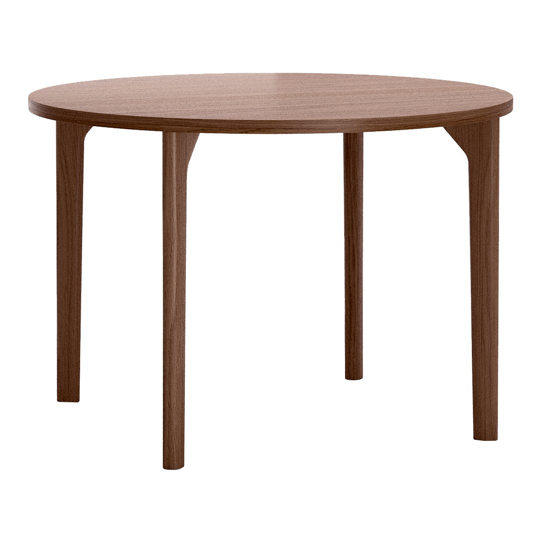 Round wooden table with a rich walnut finish and smooth grain pattern, perfect for modern dining spaces.