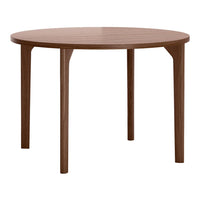 Round wooden table with a rich walnut finish and smooth grain pattern, perfect for modern dining spaces.