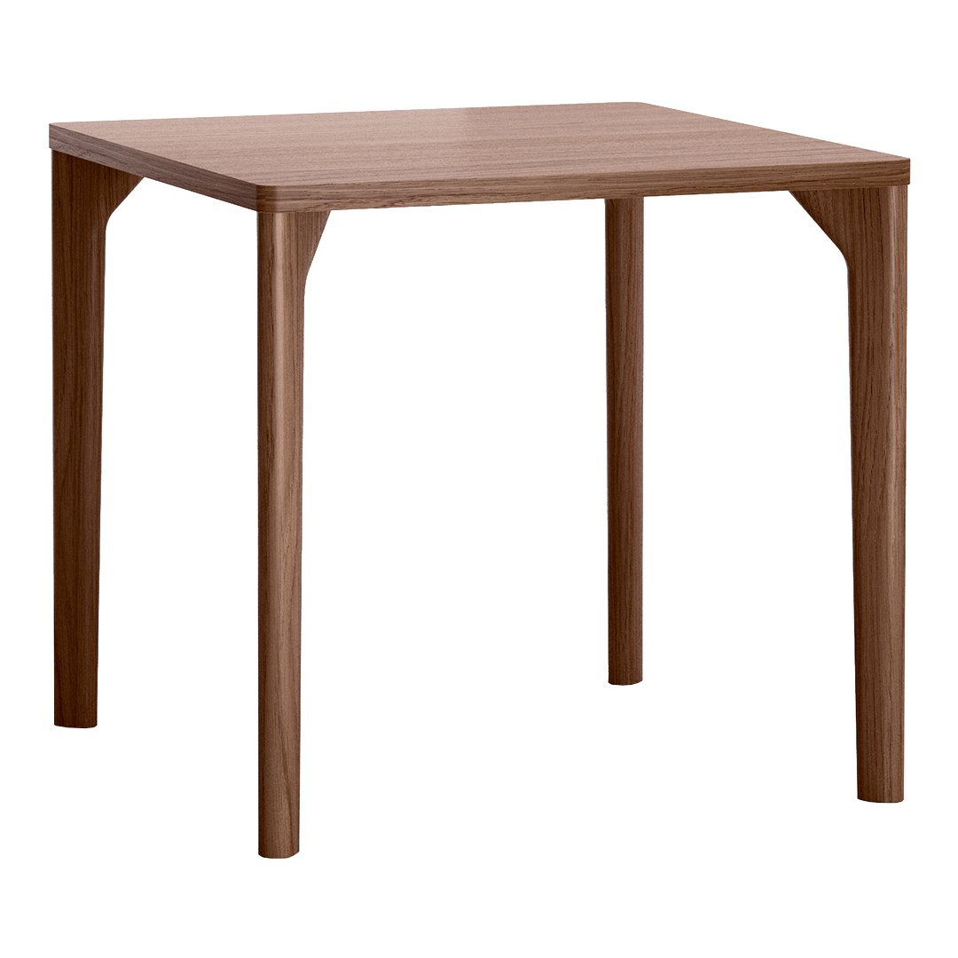 Brown wooden square table with smooth, natural grain pattern, featuring clean lines and sturdy legs.
