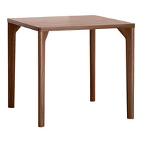 Brown wooden square table with smooth, natural grain pattern, featuring clean lines and sturdy legs.