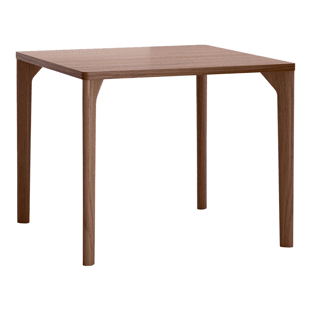 Square wood dining table with a rich walnut finish and smooth, minimalist design for modern interiors.