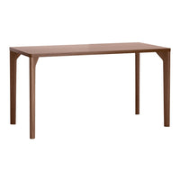 Brown rectangular wooden table with smooth finish and minimalist design, featuring clean lines and no visible patterns.