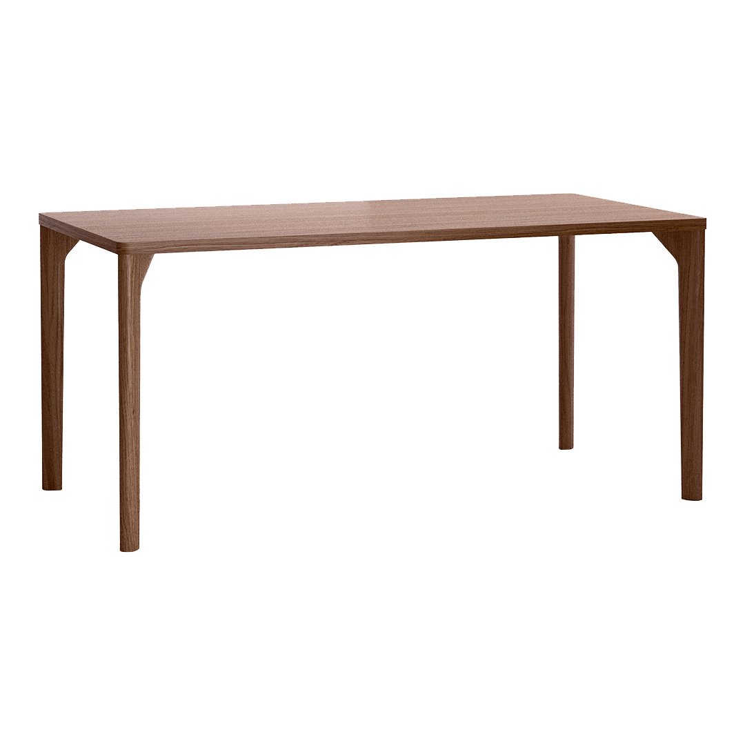 Brown rectangular dining table with smooth surface and sleek angled legs. Perfect for modern interiors.