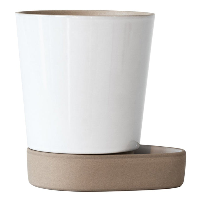White ceramic planter with a smooth finish and a beige saucer, featuring a minimalist and modern design.