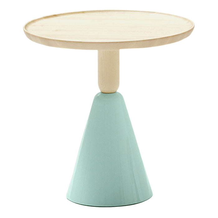 "Modern side table featuring a natural wood top and a mint green conical base for a trendy look."