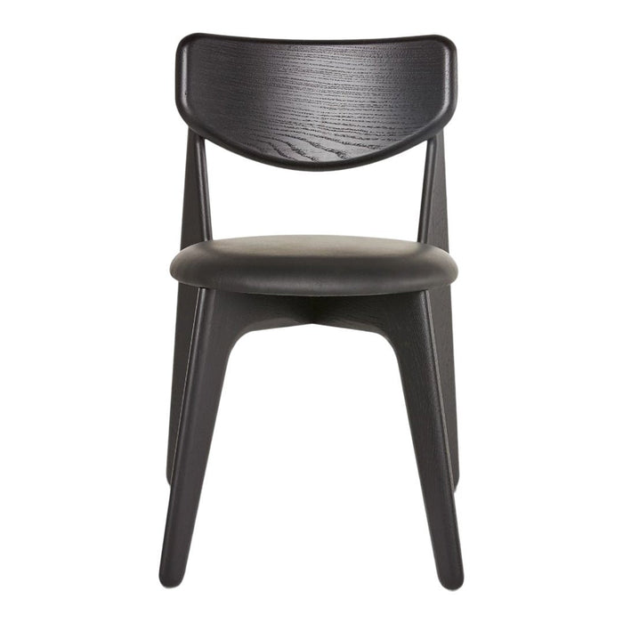 Black wooden chair with a minimalist design, featuring smooth surfaces and subtle grain patterns.