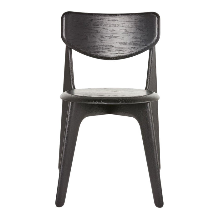 Black wooden chair with a smooth finish and minimalist design, featuring a curved backrest and tapered legs.