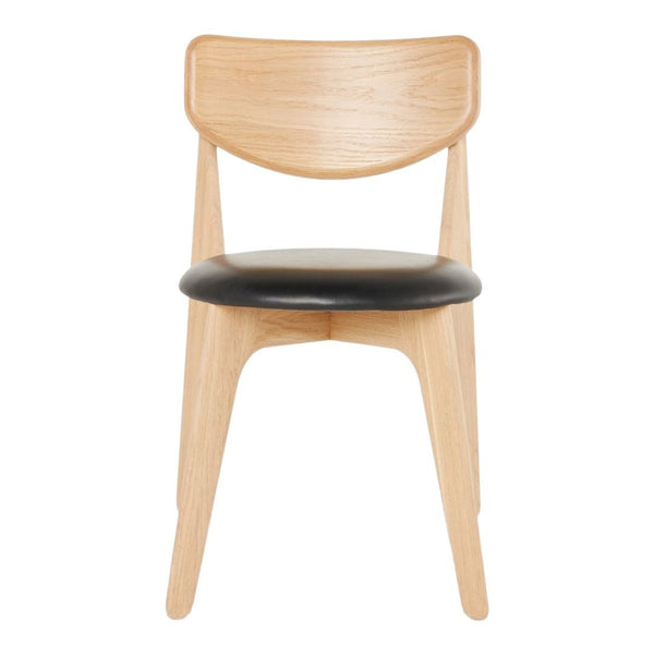 "Natural wood chair with a light oak finish and a sleek black seat."