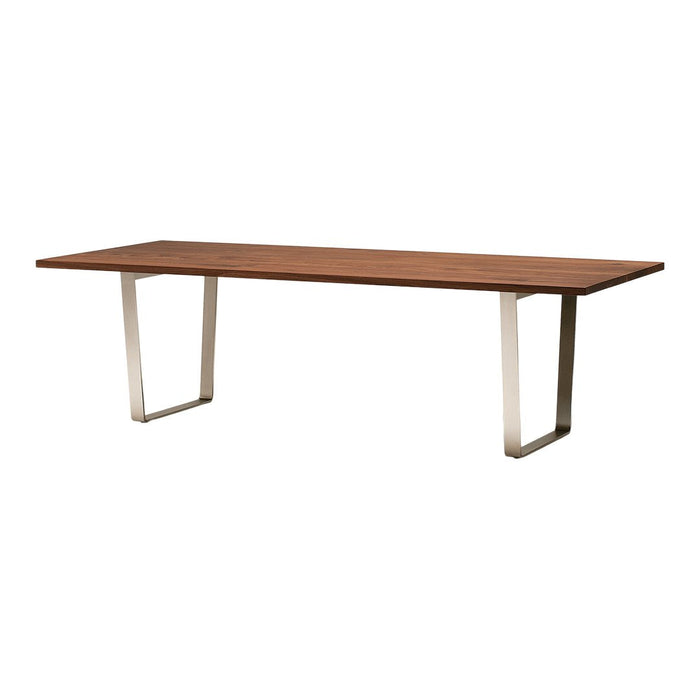 Wooden table with a rich brown surface and sleek silver metal legs, showcasing a modern, minimalist design.