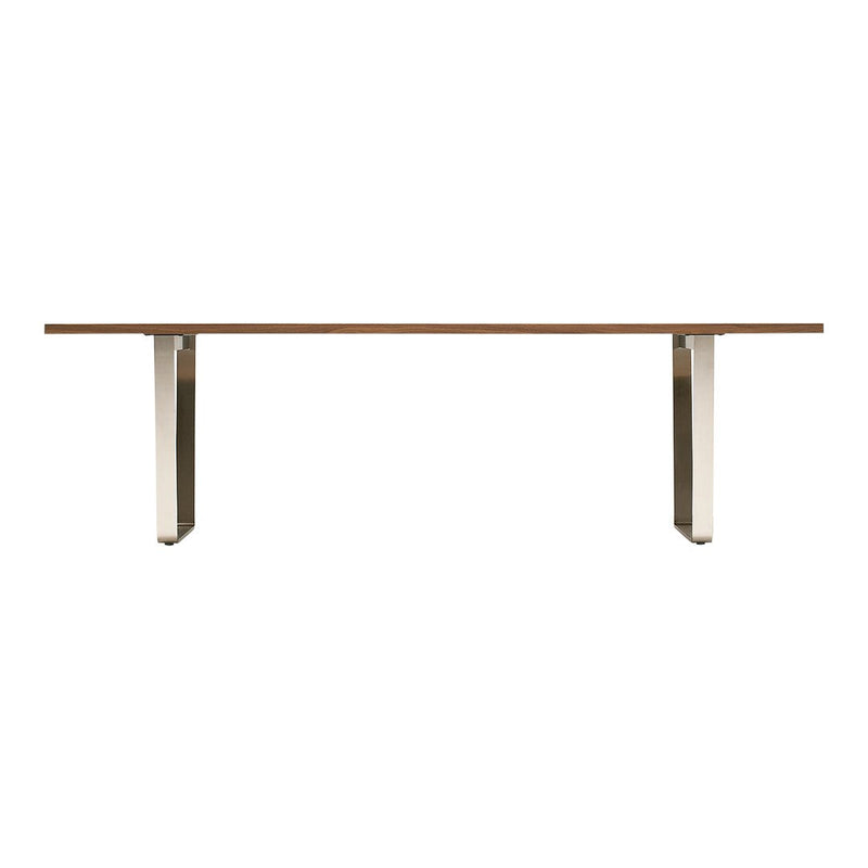 Sleek wooden tabletop with neutral tones, accented by modern metallic legs for a contemporary look.