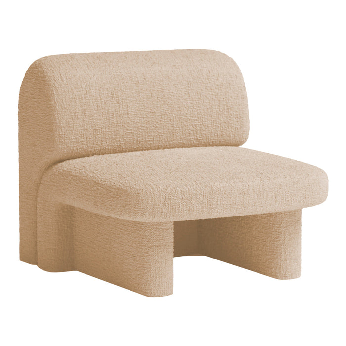 Beige textured chair with a modern design, featuring a soft, cozy fabric pattern. Perfect for contemporary spaces.