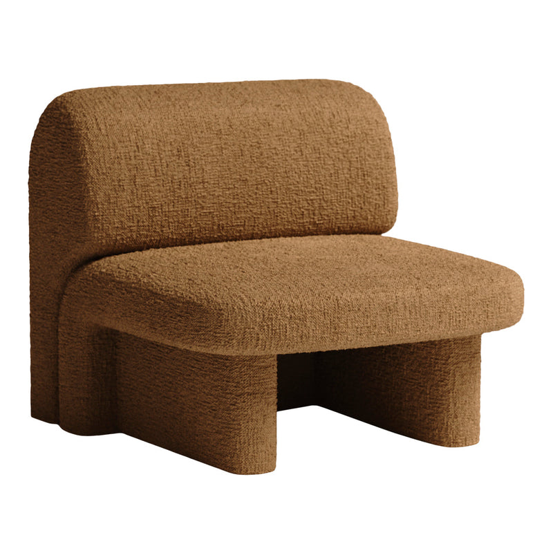 Textured brown fabric chair with a minimalist shape and soft curves, perfect for modern decor.