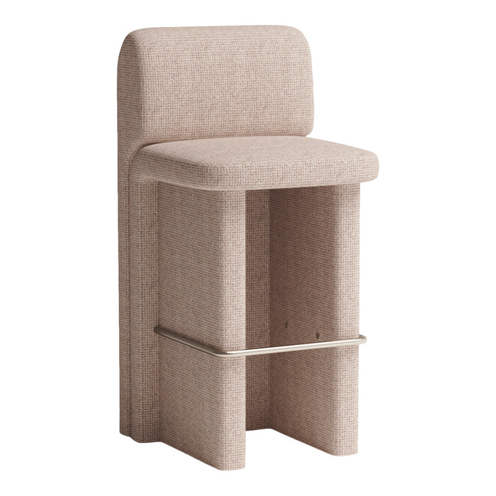 Beige textured bar stool with subtle woven pattern and sleek metallic footrest for contemporary decor.