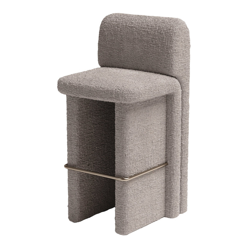 Gray textured stool with a minimalist design and metallic footrest, perfect for modern interiors.