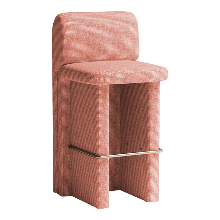 Textured pink barstool with a minimalist design and metal footrest, perfect for modern interiors.