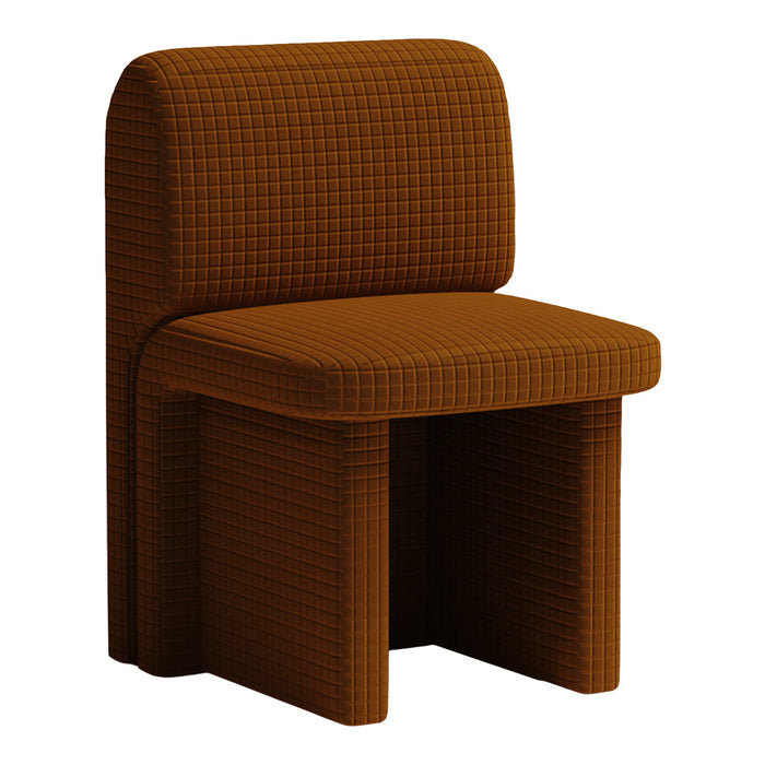 Brown textured chair with a grid pattern, featuring a modern design and comfortable seating.