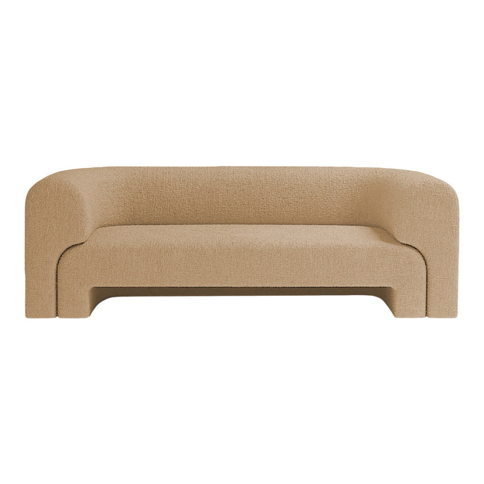 Beige textured fabric couch with a sleek, modern design and rounded edges. Perfect for stylish living spaces.