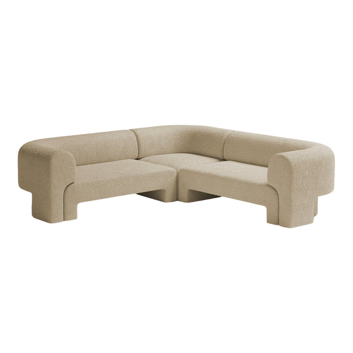 Beige textured corner sofa with rounded edges, perfect for modern living spaces. Soft and inviting fabric design.